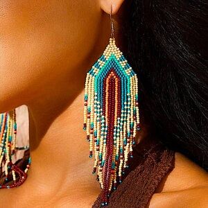 Bohemian Beaded Dangle Tassel Earrings, Tribal Design, Western, Boho, Fr…